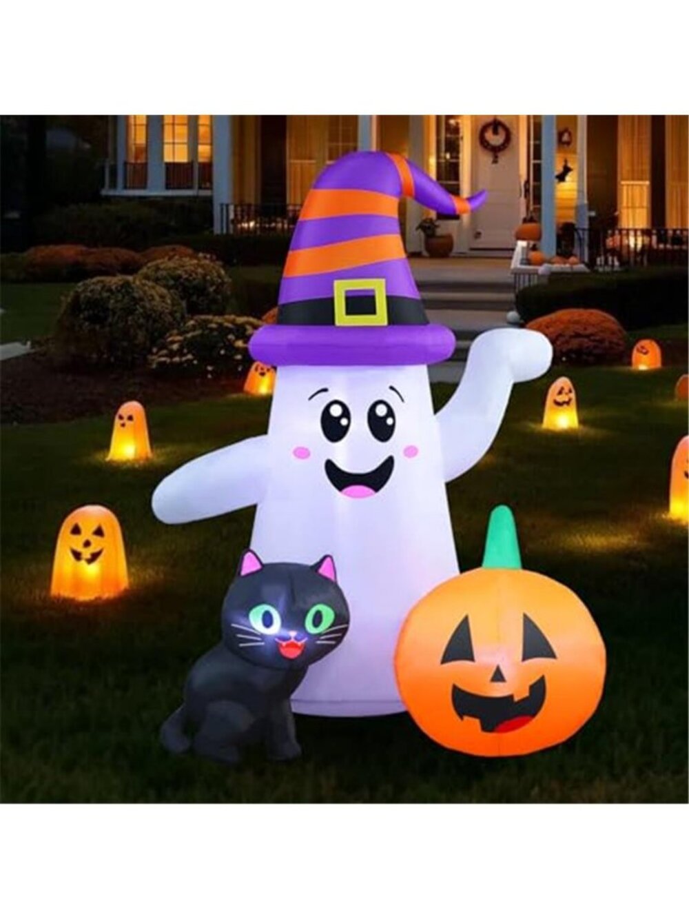 5FT Cute Halloween Inflatables Ghost, Blow Up Wizard Ghost with Pumpkin Black